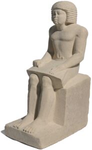 30_37.20E_PS9 Seated Statue of the Superintendent of the Granary Irukaptah, circa 2425–2350 B.C.E. Limestone, 29 3/4 x 11 x 16 9/16 in. (75.5 x 28 x 42 cm). Brooklyn Museum; Charles Edwin Wilbour Fund, 37.20E. (All photos: Brooklyn Museum)