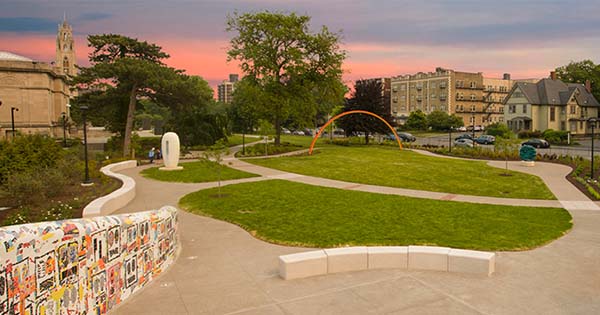 Memorial Art Gallery front lawn area featuring many of the sculptures listed in this article