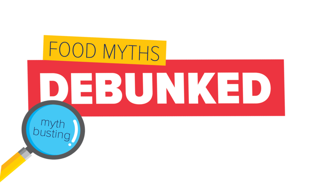 A banner which states Food Myths Debunked with a magnifying glass which is reading a text that states Myth busting