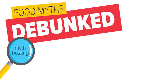 A banner which states Food Myths Debunked with a magnifying glass which is reading a text that states Myth busting