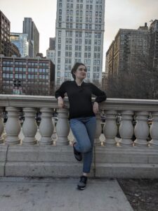 Gabrielle Dimoff ’18 posing in front of a bannister