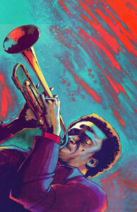Painting of Miles Davis playing the trumpet. 