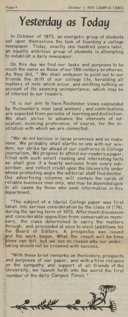 1973 announcement that the Campus Times will move from twice weekly to daily