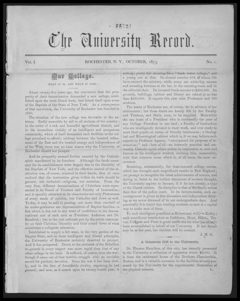 front page of the University Record newspaper, October 1873