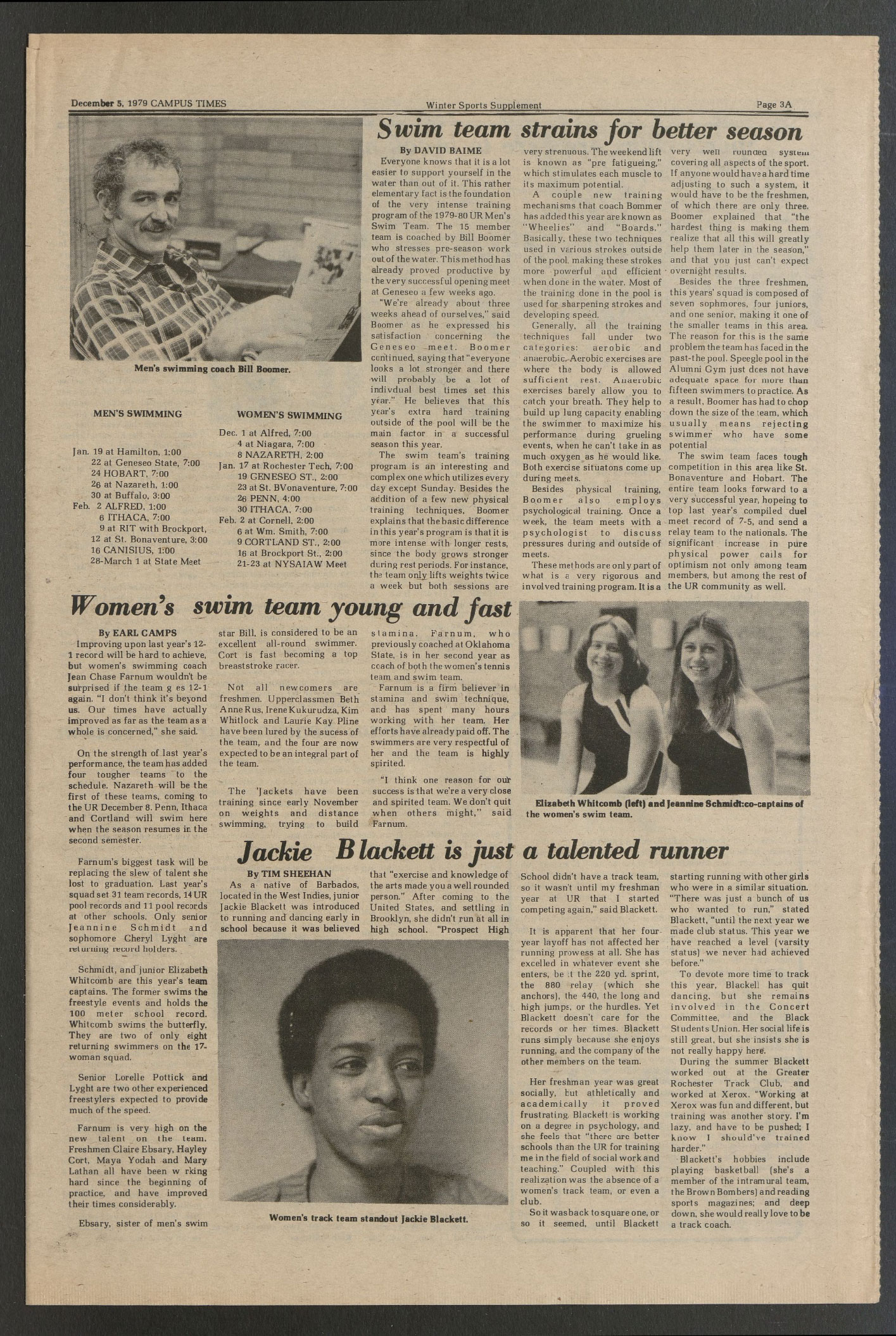 A scan of an article featuring Jackie Blackett ’81 from Campus Times on December 12, 1979.