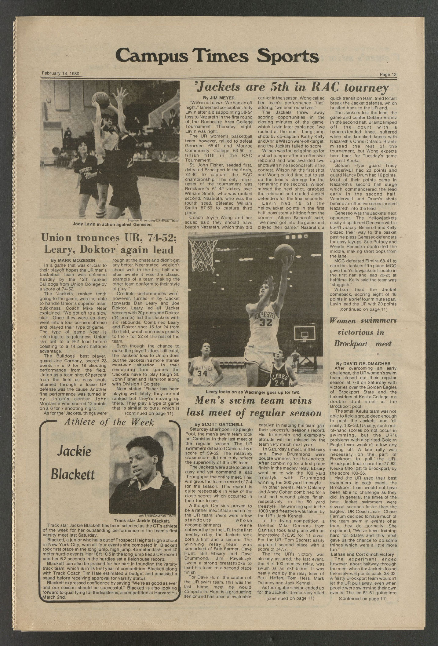 A scan of an article featuring Jackie Blackett ’81 from Campus Times on February 18, 1980.
