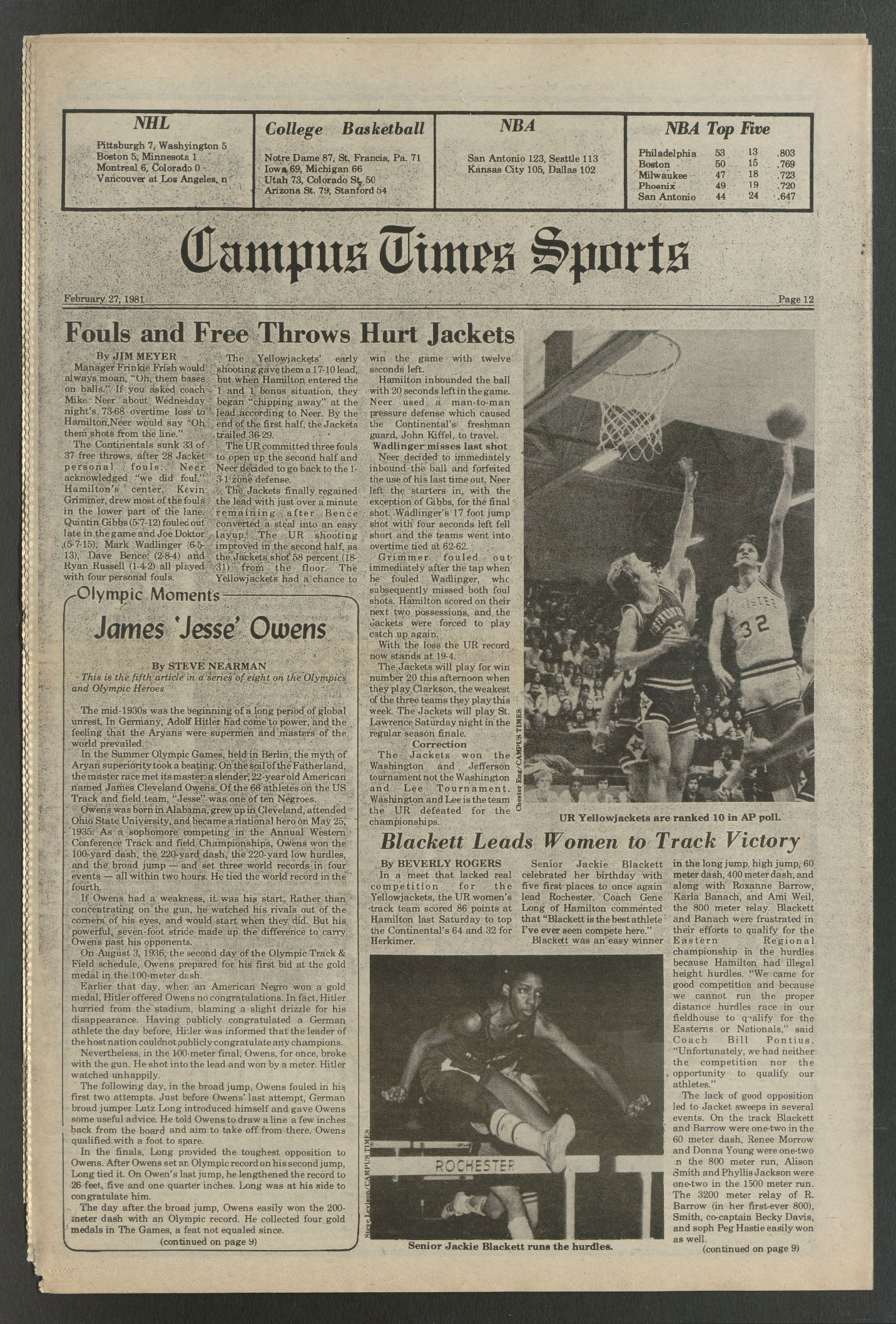 A scan of an article featuring Jackie Blackett ’81 from Campus Times on February 27, 1981.