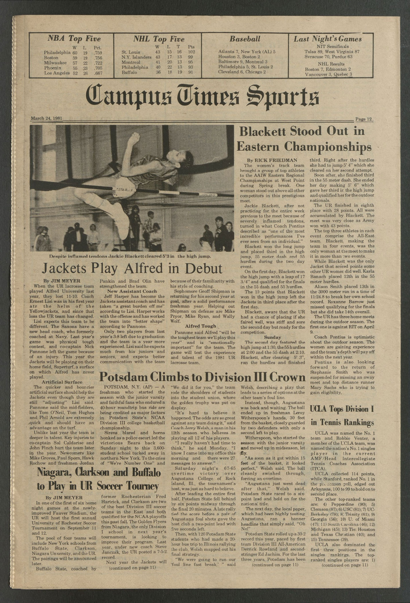 A scan of an article featuring Jackie Blackett ’81 from Campus Times on March 24, 1981.