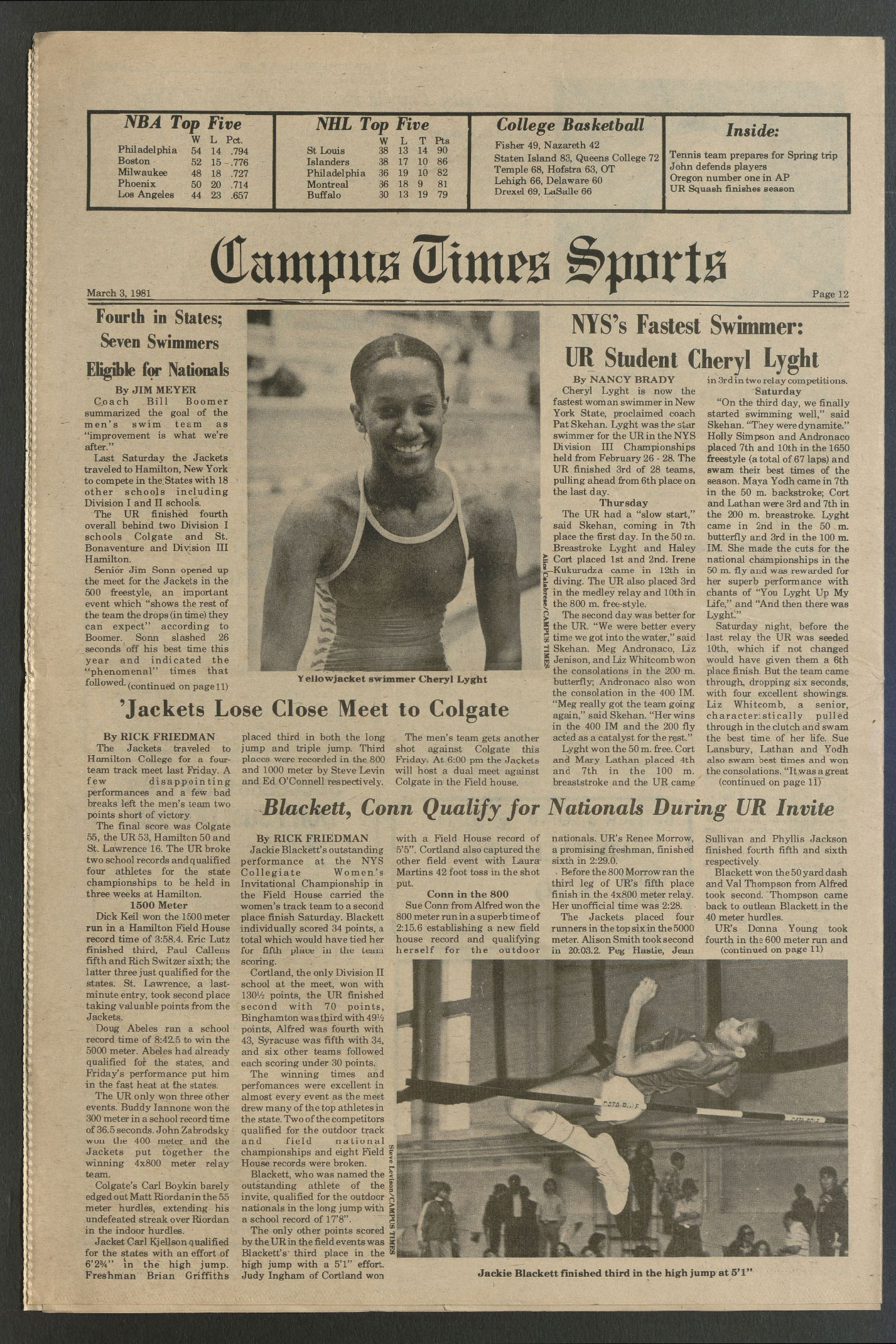 A scan of an article featuring Jackie Blackett ’81 from Campus Times on March 3, 1981.
