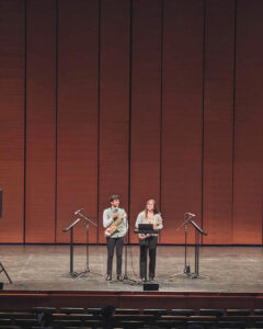 Uday and Siobhan presenting at the North American Saxophone Alliance Conference on live electronic music.