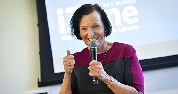 Barbara Burger giving a speech.