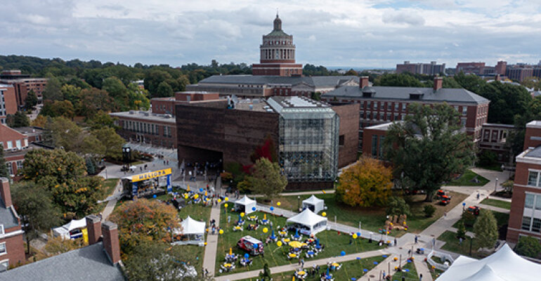 aerial view of river campus and Rush Rhees in the background