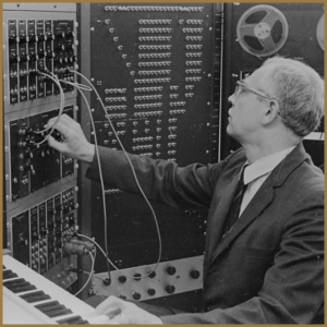 man sits at switchboard, plugging cable in