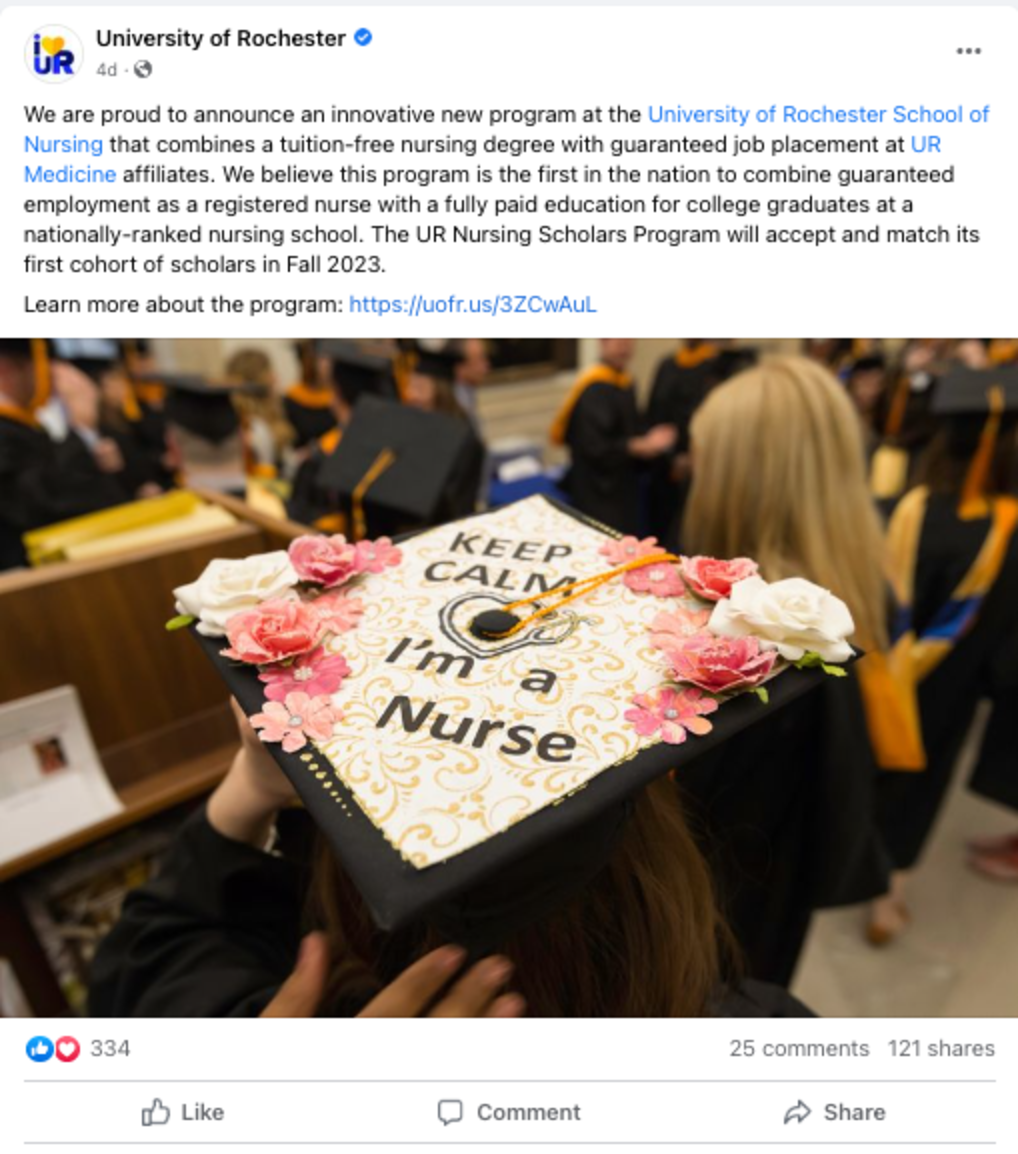 Screenshot of Facebook post regarding a new program at the University of Rochester School of Nursing