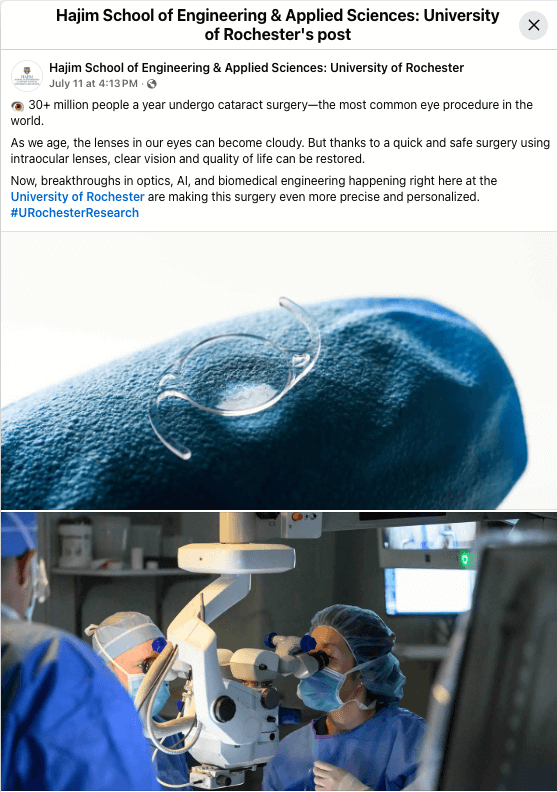 A screenshot of a Facebook post from the Hijam School of Engineering and Applied Sciences about intraocular lenses 