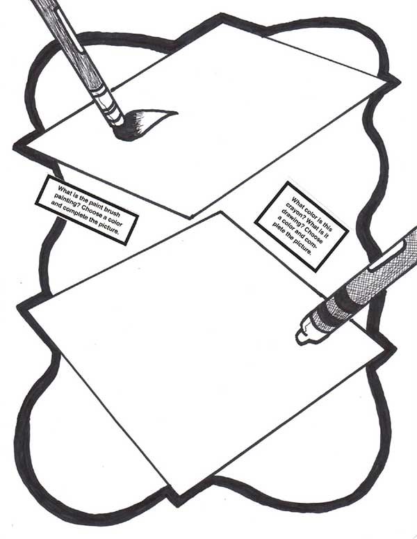 black and white coloring sheet of two envelopes with pain brushes above them