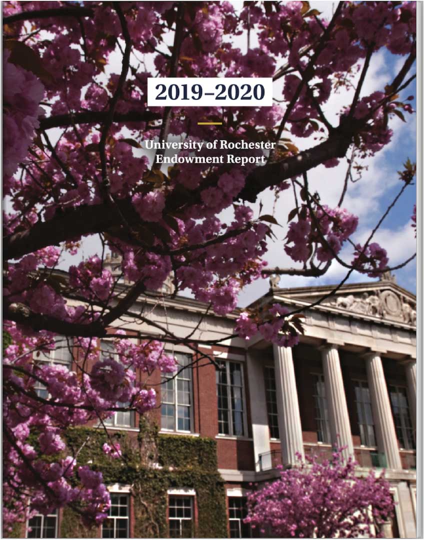 2019-2020 endowment report cover thumbnail - rush rhees in background with tree in bloom in foreground