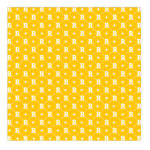 Yellow and white patterned printable origami image of the R logo for the university of Rochester with white circles to the side of each R