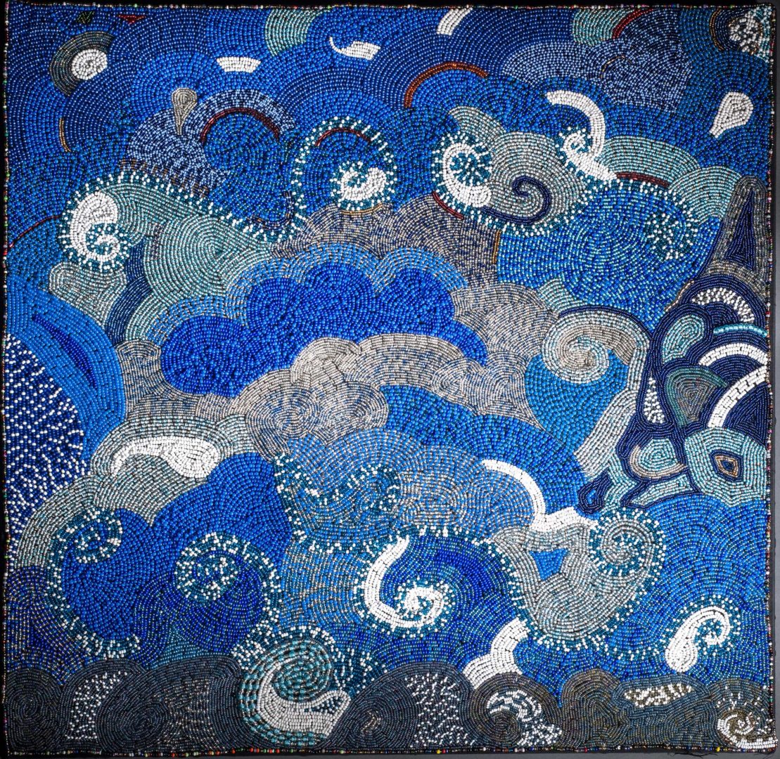 10.-Ntombephi-Induna-Ntobela---My-Sea,-My-Sister,-My-Tears a blue image of swirls and fish, comprised of individual glass beads