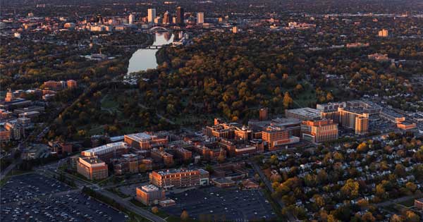 aerial view of the University of Rochester and downtown Rochester