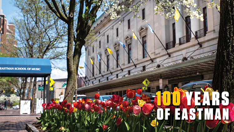 Tulips on a street with ESM awning