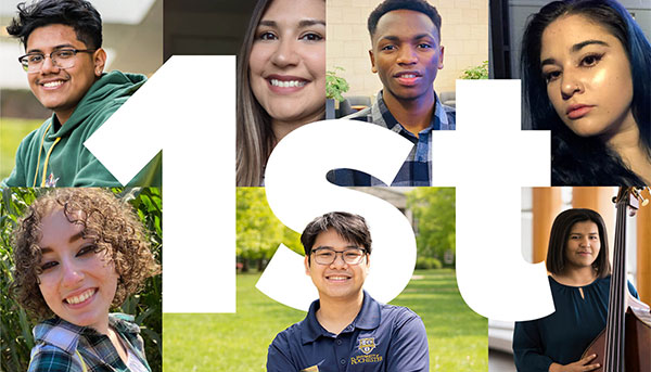 A collage of photos of first generation students at the University of Rochester with 1st overlay