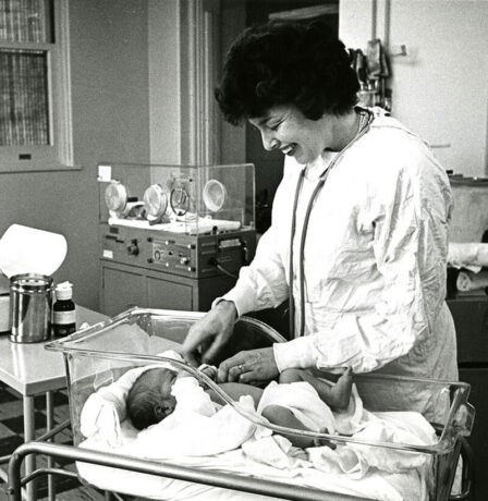 Morning rounds in the Newborn Nursery circa 1960 at the start of her 60+ years on faculty at URSMD.