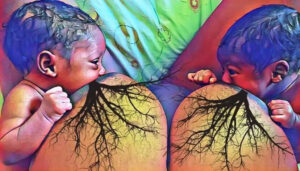 Artistic photo of two newborn babies breastfeeding. 