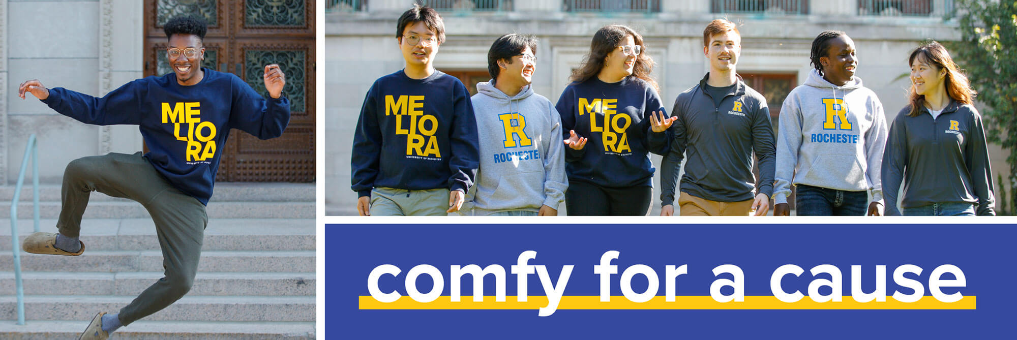 Students wearing Rochester comfy gear