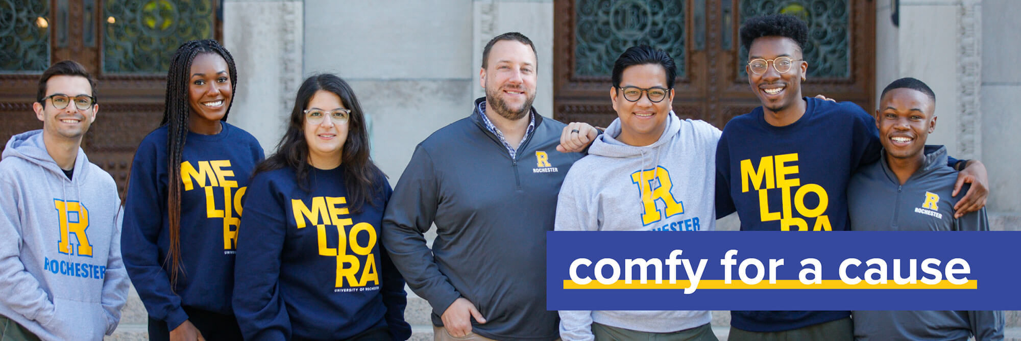Students wearing Rochester comfy gear