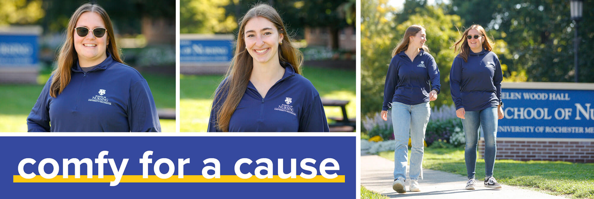 Students wearing Rochester comfy gear