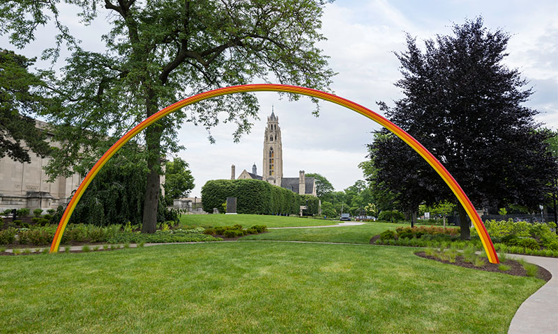 Rainbow statue in sculpture park in front of Memorial Art Gallery