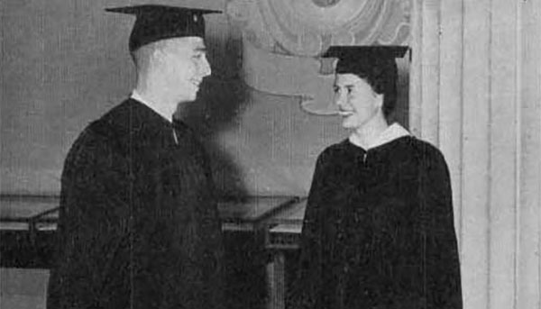 Richard Zuegel and Barbara Blake (Zuegel) in cap and gown - black and white photo