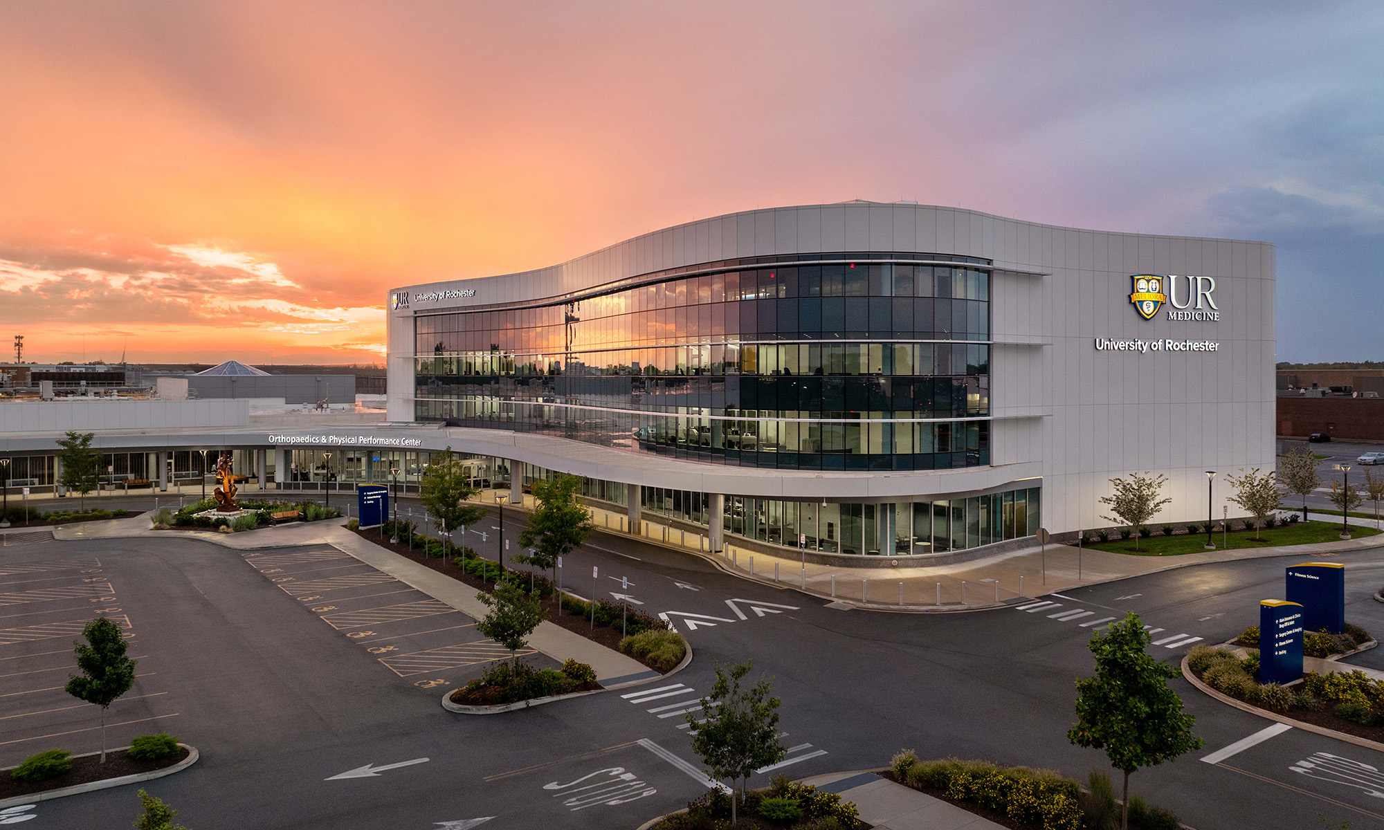 The Saunders Center for Orthopaedics & Physical Performance building against the evening sky
