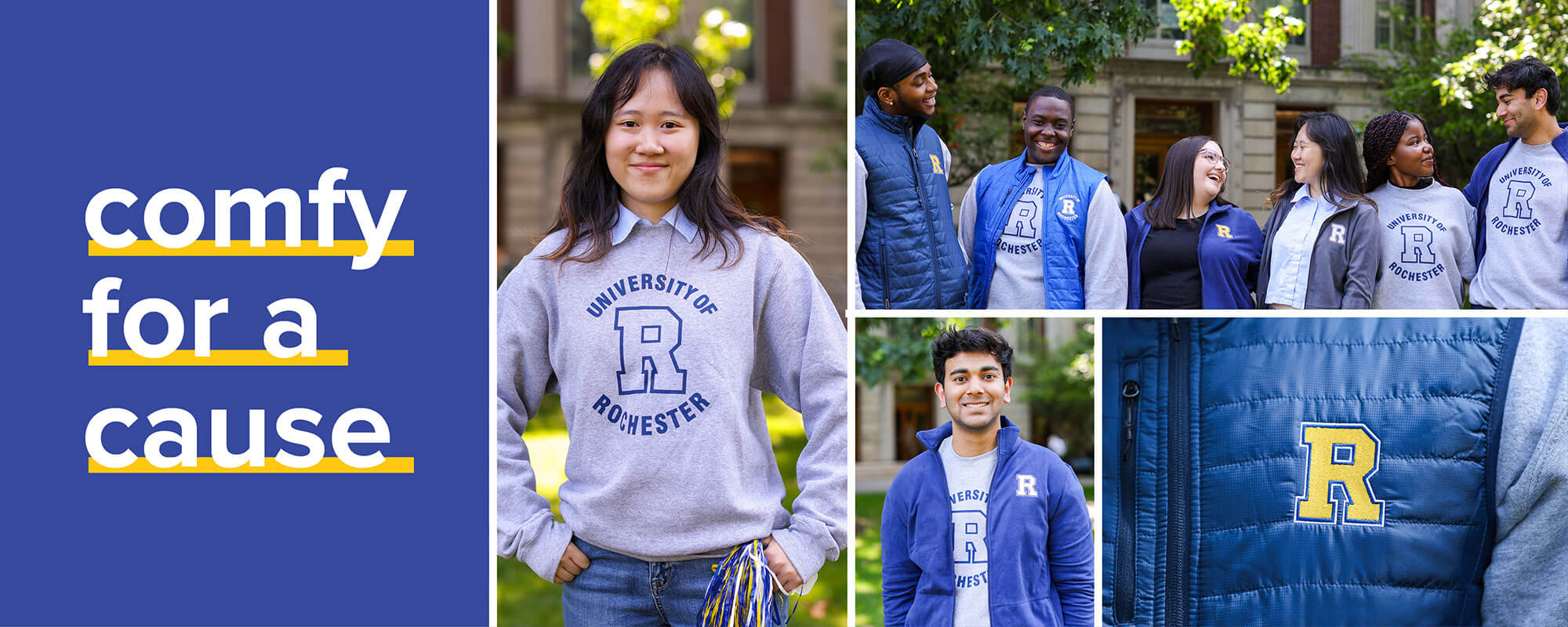RiverCampus_Header A group of University of Rochester students wear branded sweatshirts and jackets outdoors, promoting the campaign “comfy for a cause.”