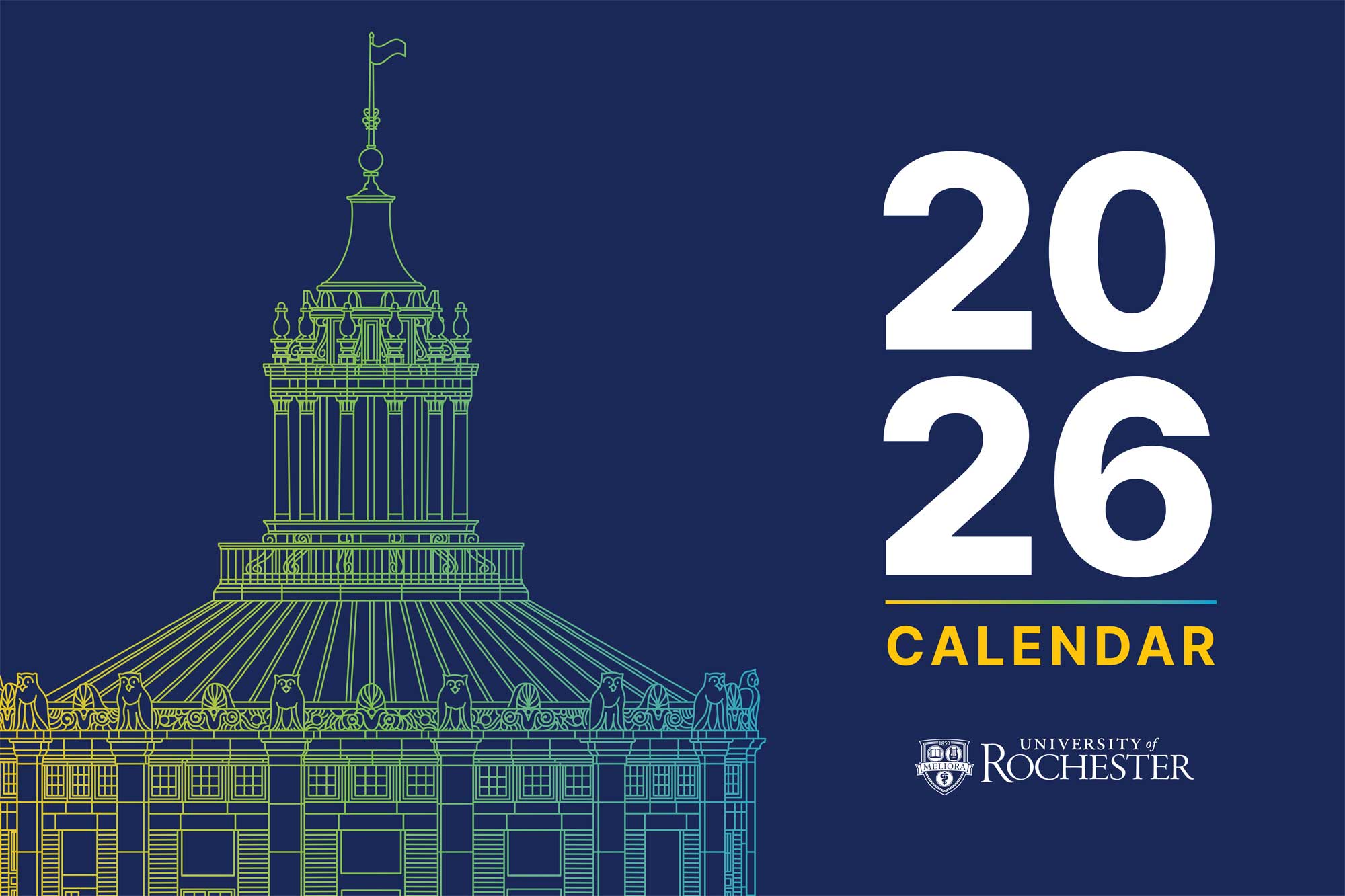 blue background with outline of rush rhees library tower, the cover of the 2026 calendar