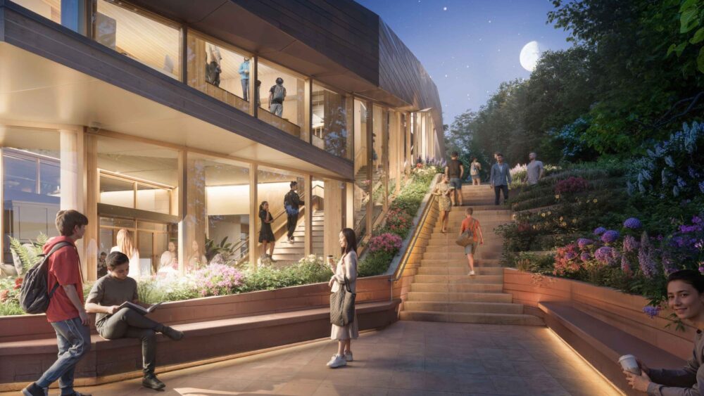 Rendering of Greenbaum center outdoor of stairs at night