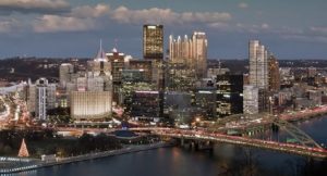 A arial view of buildings located within Pittsburgh.