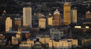 An arial view of buildings located within Rochester, NY