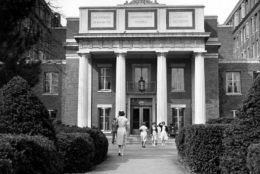 black/white photo of the entrance to strong memorial hospital and SMD