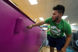 man in green tshirt painting a wall purple
