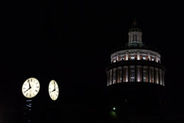 rush rhees tower and clock tower at night