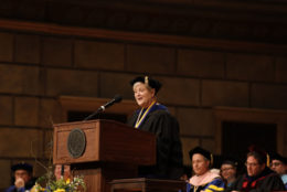 Senior associate dean Donna Brink Fox gives a speech to the students