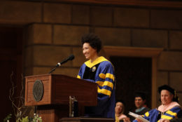 Julia Bullock’s address to graduates on stage in the eastman theatre