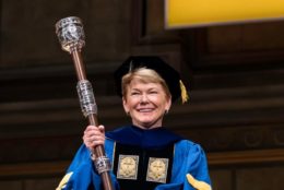 president mangelsdorf in regalia on stage during inauguration