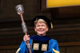 president mangelsdorf in regalia on stage during inauguration