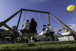 back of people sitting on wooden swings with blue skies