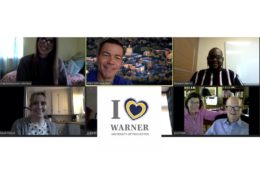 six people on zoom call and one additional block has i hear warner graphic