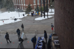 overhead view of courtyard between buildings outside of wilson commons on a winter day