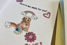 homemade card that says here is my smile for you with a dog and rainbows